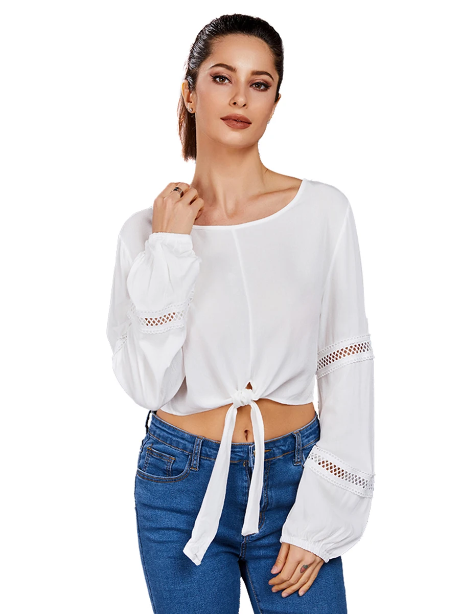 Осенняя мода тонкая рубашка топ полый рукав сексуальный короткий повязка