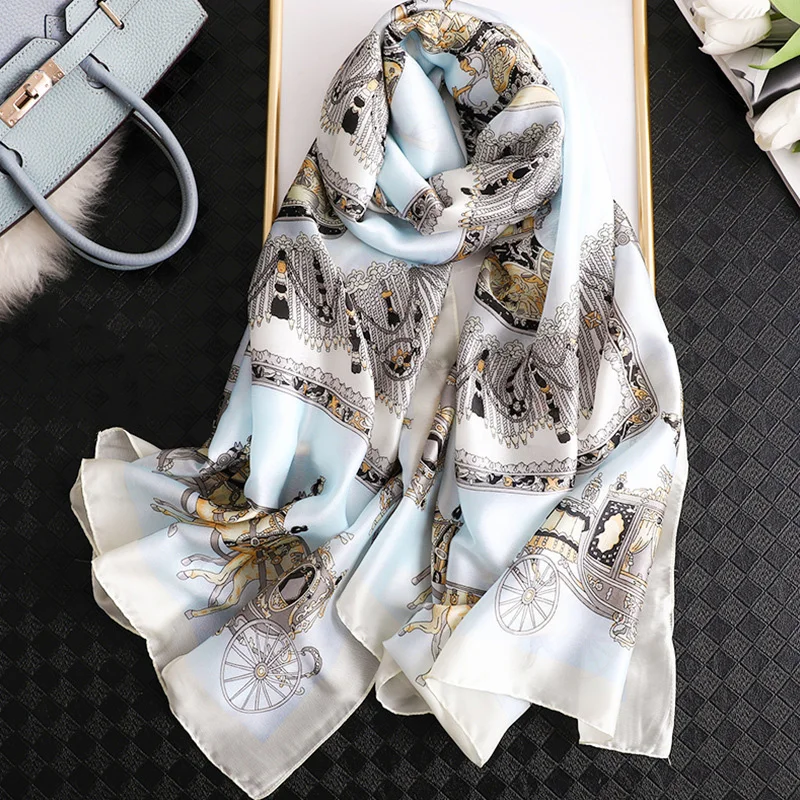 

Women Imitation Silk Scarf Retro Carriage Chain Print Shawls Office Lady Wraps Female Headscarf Beautiful Gift 90x180cm