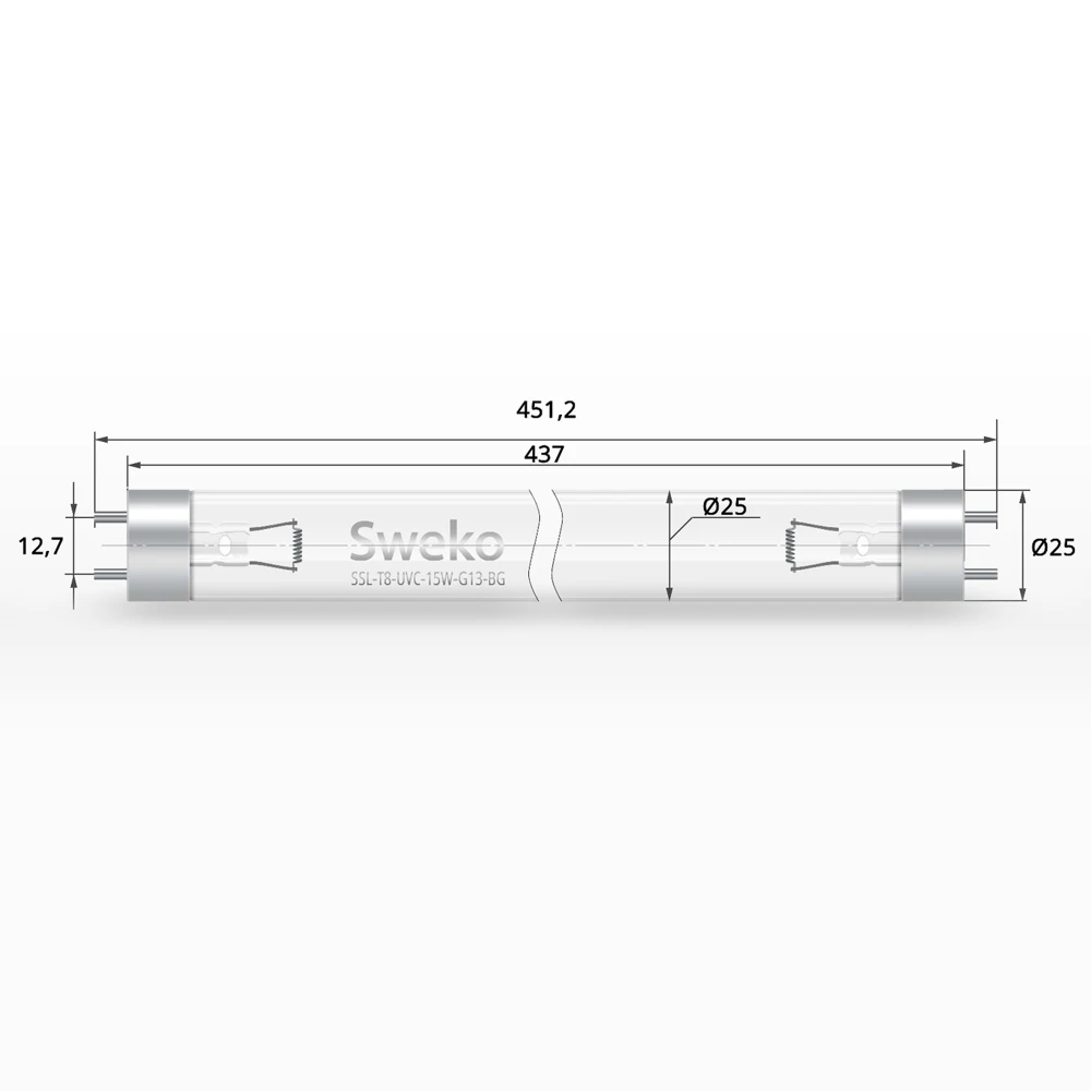 Лампа бактерицидная для рециркуляторов SWEKO SSL UVC SSL-T8-UVC-15W-G13-BG без выделения озона |