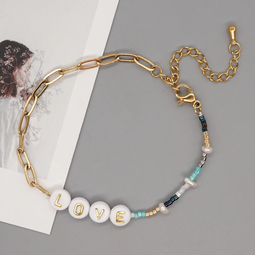 

Go2Boho Dainty Tiny Bracelet Love Letter Stainless Steel Chain Bracelet for Women Valentine's Miyuki Beads Pearls Jewelry