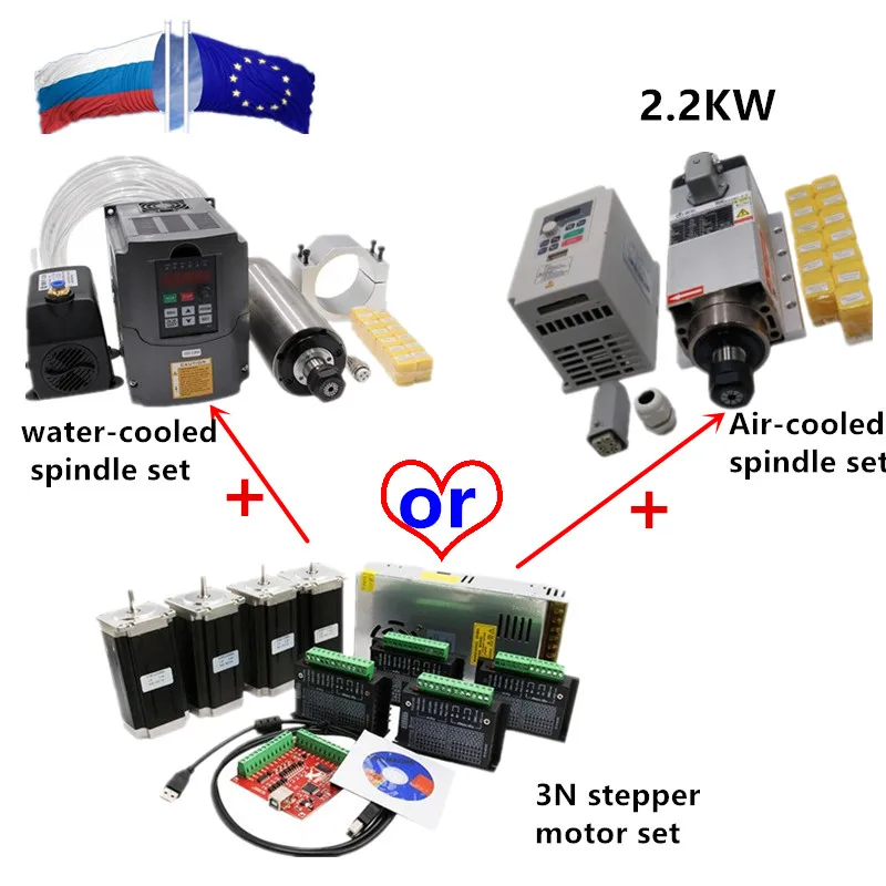 Шпиндель с водяным/воздушным охлаждением 2 кВт ER20 220 В инверторный набор + 4 осевой