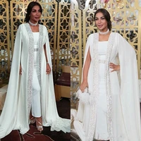 dubai muslim evening dresses white sequins moroccan kaftan chiffon cape prom special occasion gown arabic long sleeve party wear