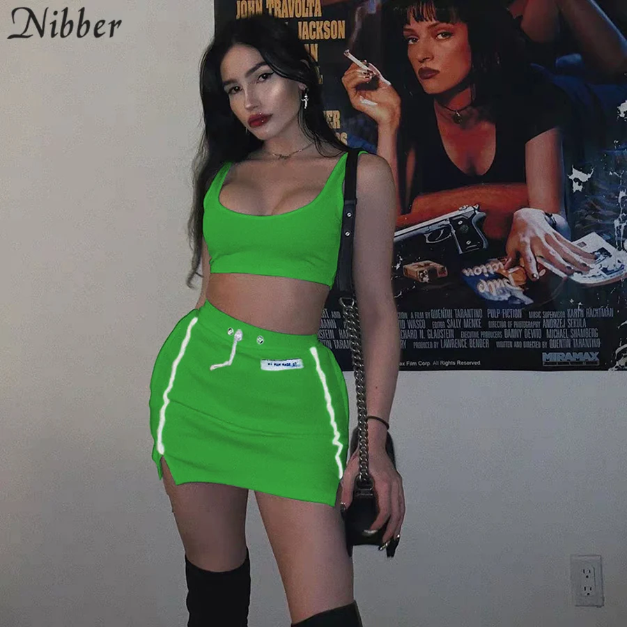 Nibber модная Светоотражающая Лоскутная Спортивная одежда 2 шт. наборы femme 2019new белые вязаные топы женские футболки мини-футболки юбки костюмы
