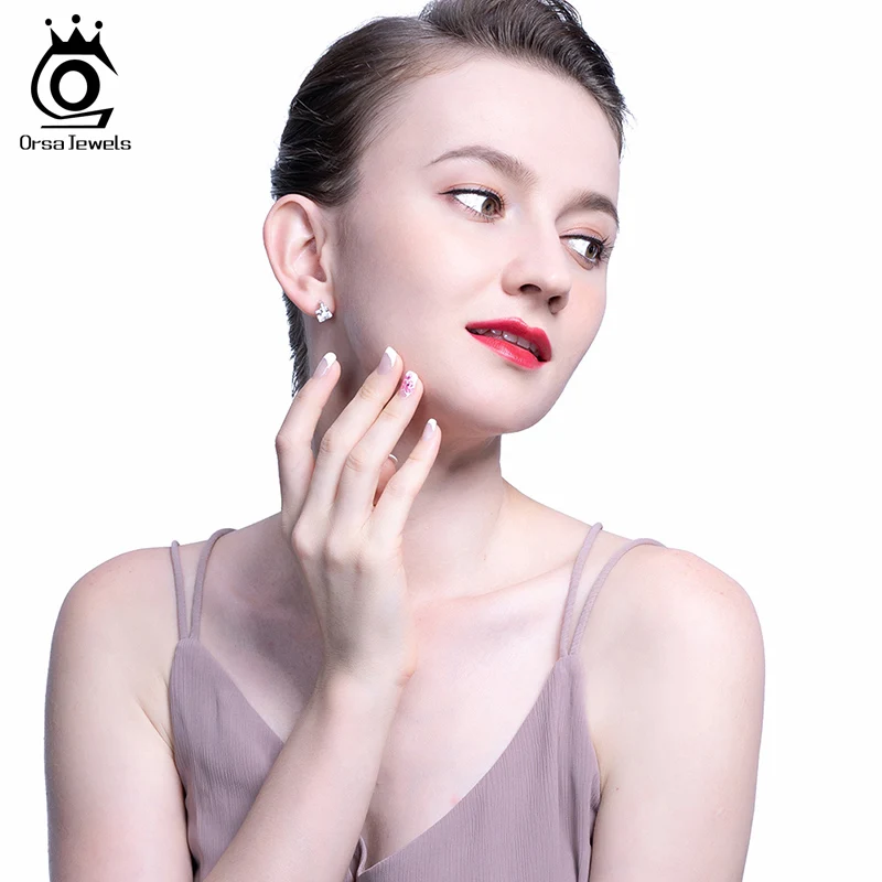 ORSA JEWELS Настоящее 925 пробы серебро слайд серьги-гвоздики в форме Для женщин блестящие AAAA фианит квадратной огранкой, черно-белая женская Праздничная обувь ювелирные изделия SE192