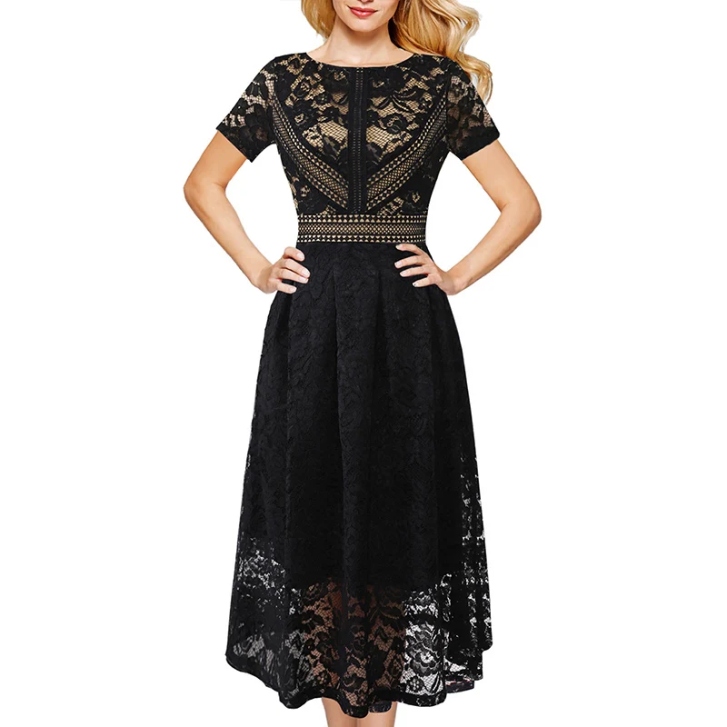 Vfemage Женское винтажное ретро платье с контрастными вставками из цветочного кружева, складками и расклешенной юбкой для коктейльных вечеринок, свадебных торжеств и чаепитий в стиле скейтеров - средней длины платье 113.