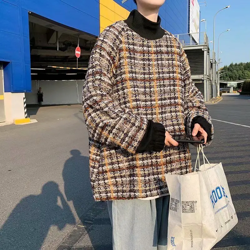 

Winter Woolen Plaid Hoodie Men's Fashion Retro Casual Stand-up Collar Sweatshirt Men Streetwear Hip-hop Pullover Hoodies Mens