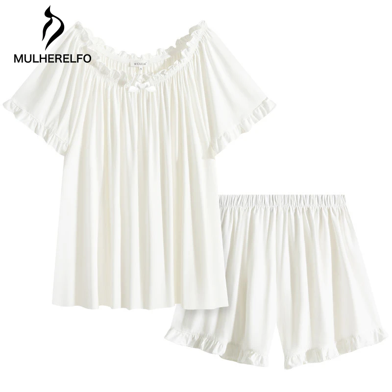 

Loose Round Collar Solid Women's Pajamas Lovely Short Sleeve Shorts Female Sleepwear Suit Vintage Elegant Lace Ruffle Home Wear