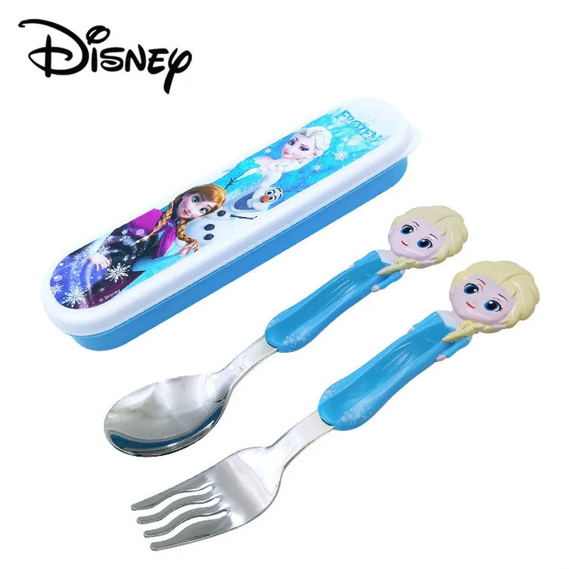 Disney Frozen Elsa Princess Spoon Baby Feeding Cute Mickey 3D Cartoon Kids Spoon and Fork Set Travel Cutlery Set Utensils Metal