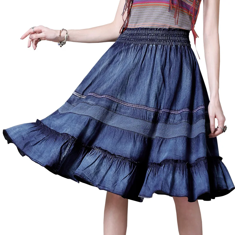 

Elegant Patchwork Denim Skirts for Women Vintage Sweet Fresh Ruffles Jupe Female Fashion Office Lady Bottoms 2021 Summer New