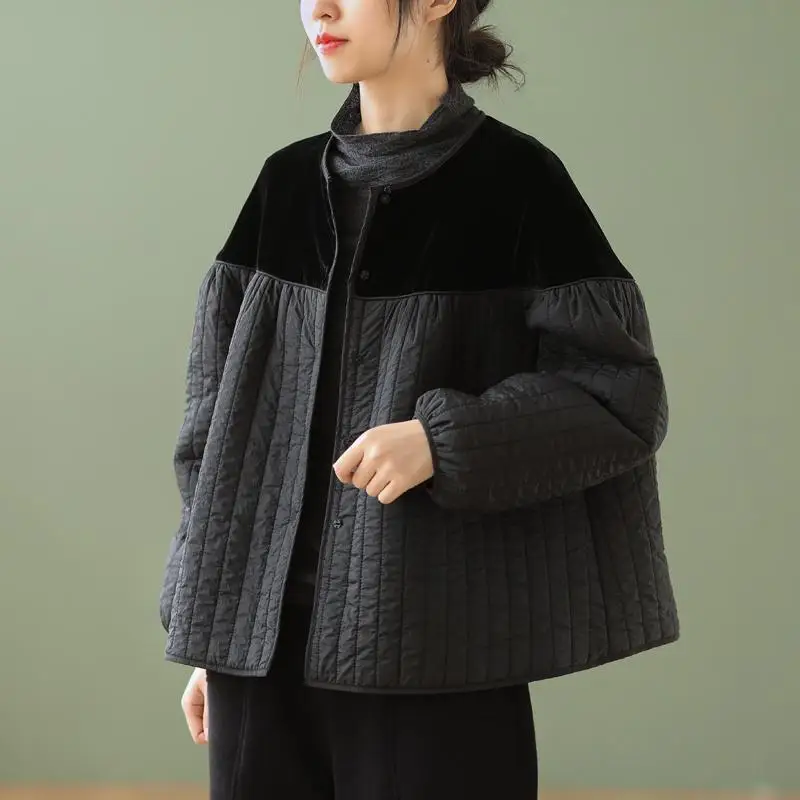 

Women Spring Jackets O-Neck Long Sleeve Coats Casual Clothes Patchwork Black Winter Coat Button Loose Femme Outerwear Female