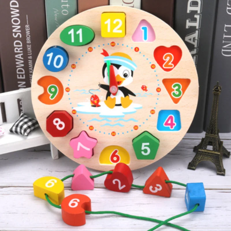 

4 Styles Cartoon Animal Educational Wooden Beaded Geometry Digital Clock Puzzles Gadgets Matching Clock Toy For Children