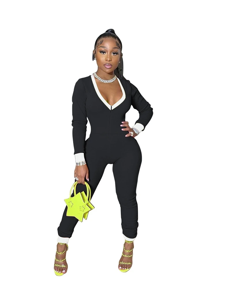 

2021 Women Jumpsuits Sexy Deep V Neck Long Sleeve Patchwork Rompers Female Casual Bodycon Nightclub Party One Piece Overalls