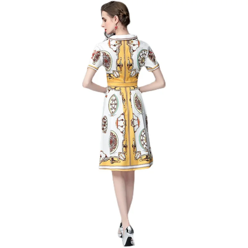 

Banulin 2021 Summer Runway Shirt Dress Women's Short Sleeve Peter Pan Collar Vintage Print Midi Dress Casual Female Vestidos