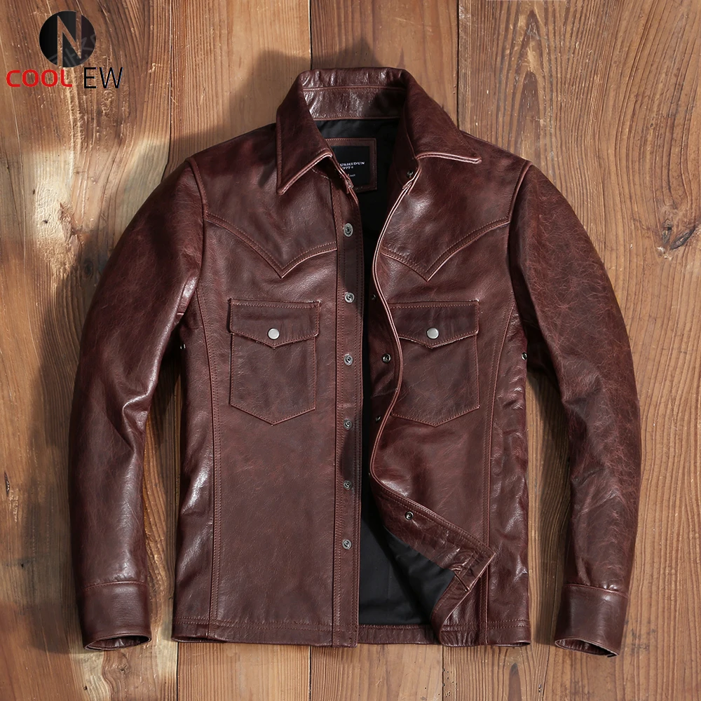 

2021 винтажная коричневая рубашка из натуральной кожи, мужское повседневное стильное тонкое пальто в стиле ретро 4XL из натуральной воловьей к...