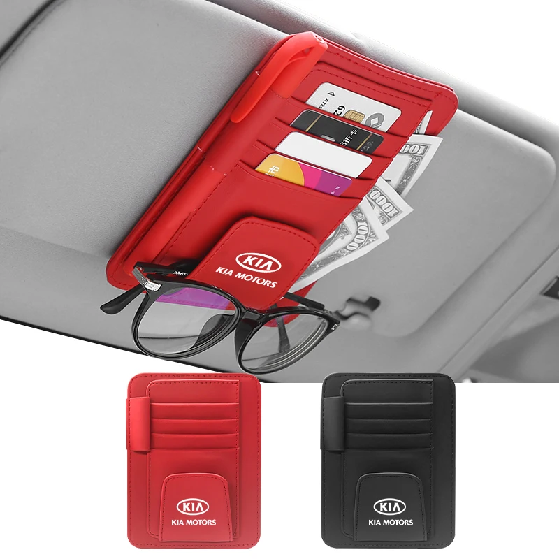 

For KIA sportage ceed picanto sorento Car sun visor storage receipt card leather sunglasses clip Car logo sun visor card holder