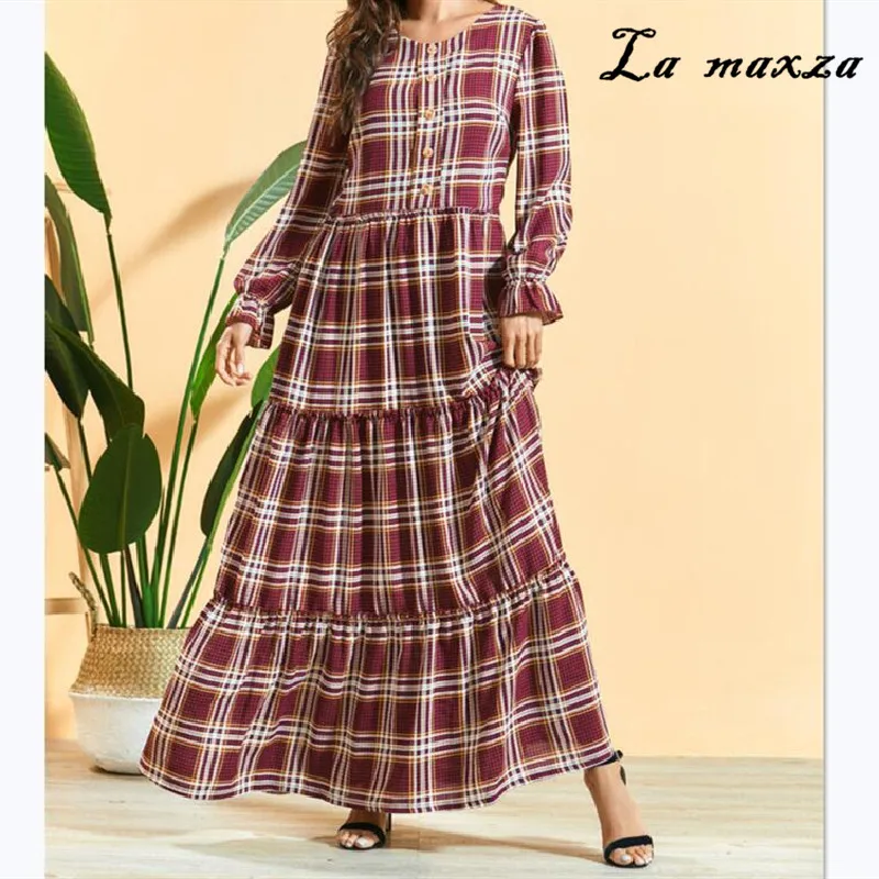 

Fashion Vintage Spring Women Plaid Dress 2020 Casual O-neck Lantern Sleeves Maxi Dresses