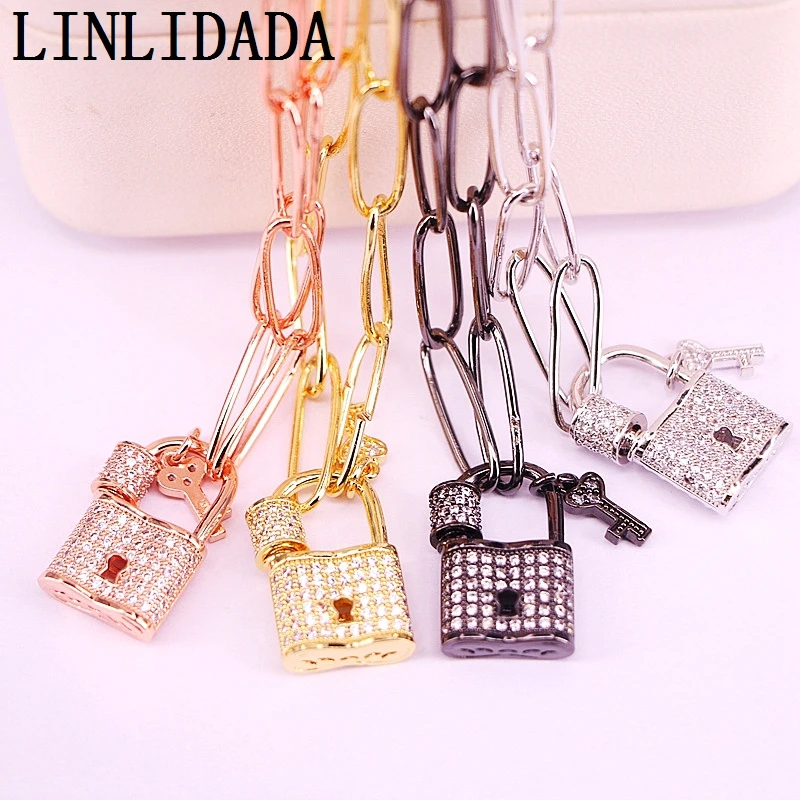 

5Pcs CZ Micro Paved key Lock Shape Screw Clasps Pendant Necklace Zirconia Metal Chains Necklace Fashion Jewelry