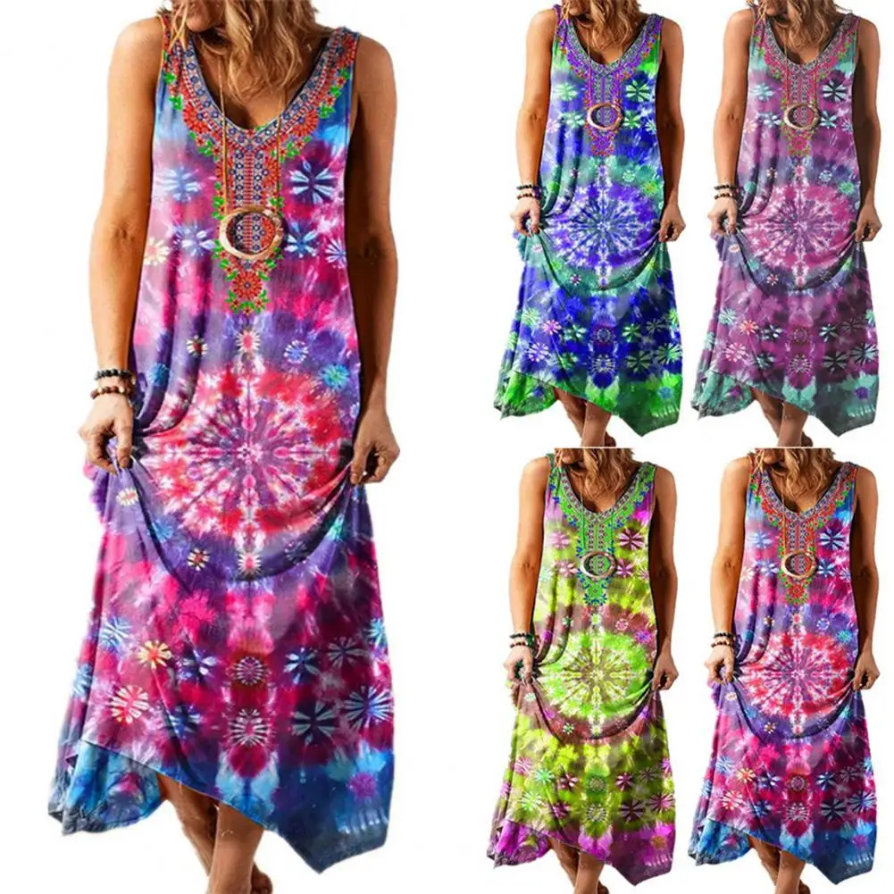 

50% Hot Sales!!! Women Bohemian Sundress Sleeveless Ethnic Print V Neck Large Hem Loose Maxi Dress for Beach
