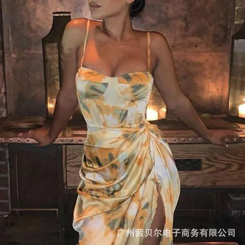 

2021 European and American new style printed sling wrinkle dress summer dress women white dress women dress women