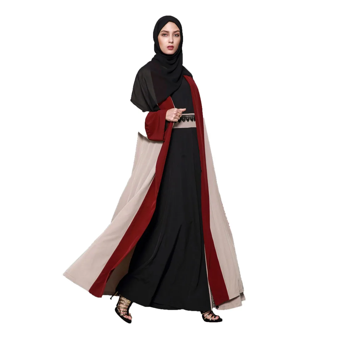 

BianFeng Women's Eid Ramadan Kaftan Muslim Malaysian Cardigan Red Brown Patchwork Trumpet Long Sleeve Dress Dubai abaya