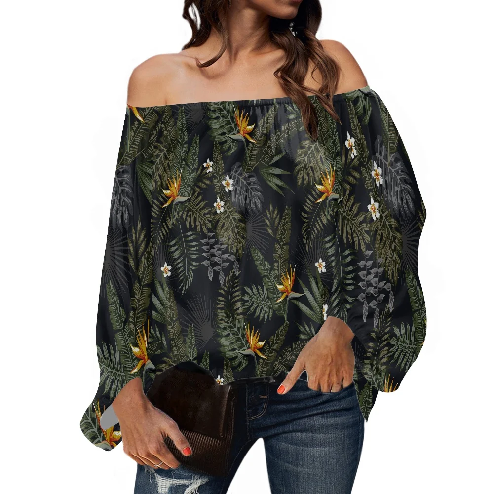 

Tropical Palm Leaf Blouse Women Summer Tribal Print Off The Shoulder Top Custom Casual Puff Sleeve Blouse Women Lady Elegant NEW