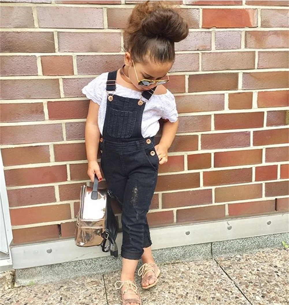 

2019 Brand 2PCS Toddler Kid Baby Girl Solid Lace Top T- Shirt Strap Pants Denim Suspenders Outfits Overall Casual Children Set
