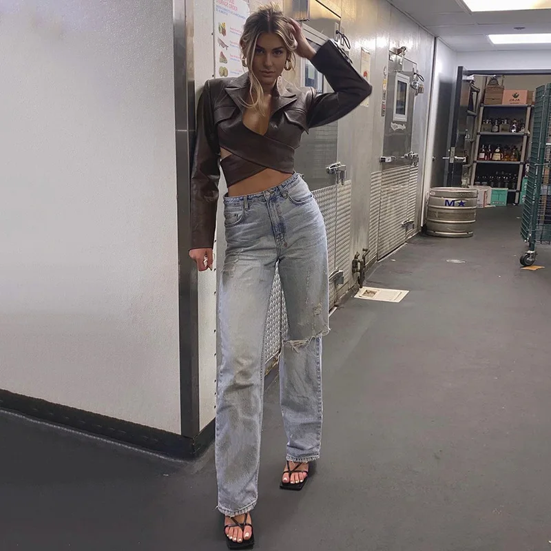 2021 модная укороченная куртка из искусственной кожи с вырезами женский топ