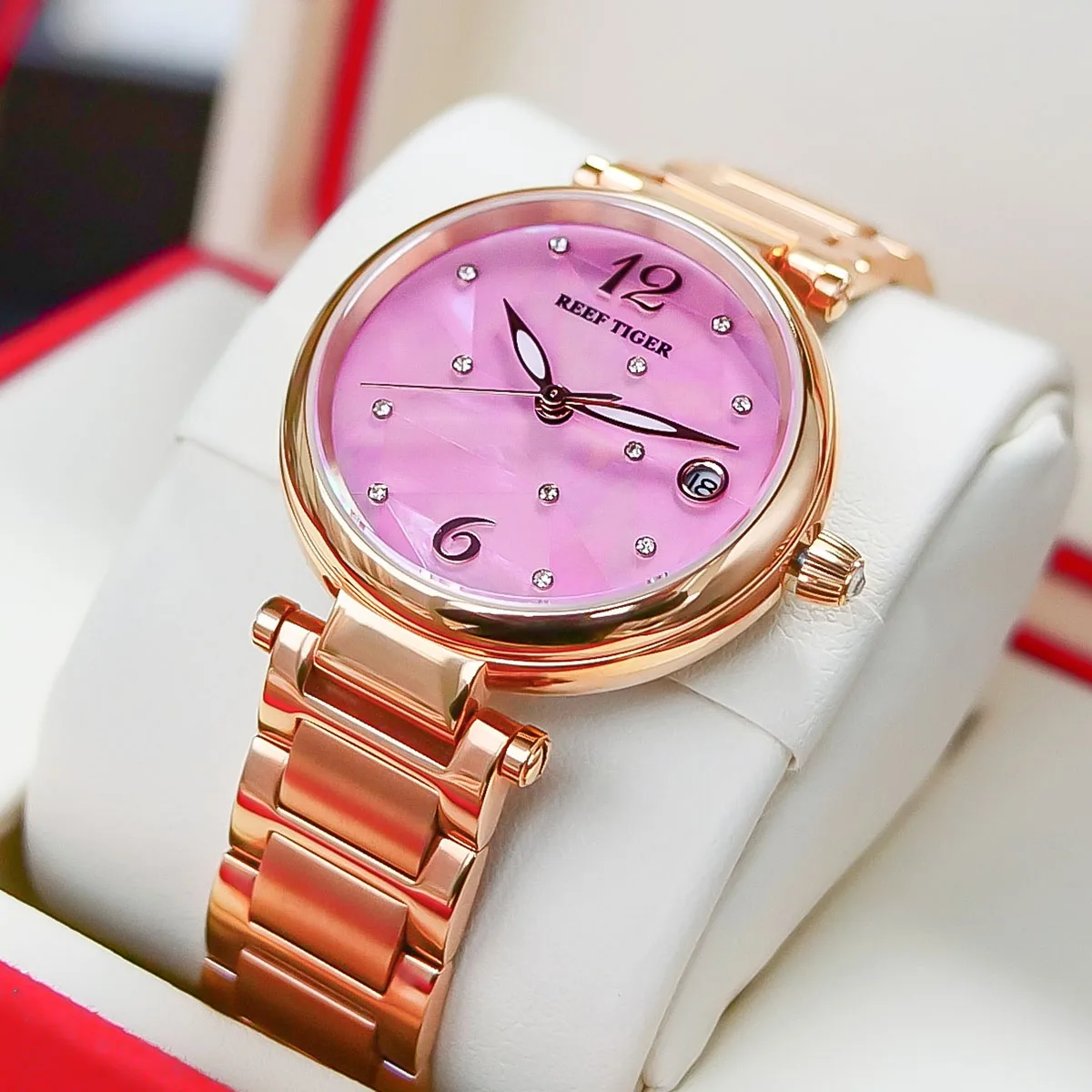 Reef Tiger/ RT Pink Dial Rose Gold Luxury Fashion Diamond Women Watches Stainless Steel Bracelet Mechanical Watch RGA1584 enlarge