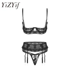 Женское прозрачное кружевное экзотическое нижнее белье, бюстгальтер на косточках с открытыми чашками и трусики-стринги, нижнее белье с подвязками