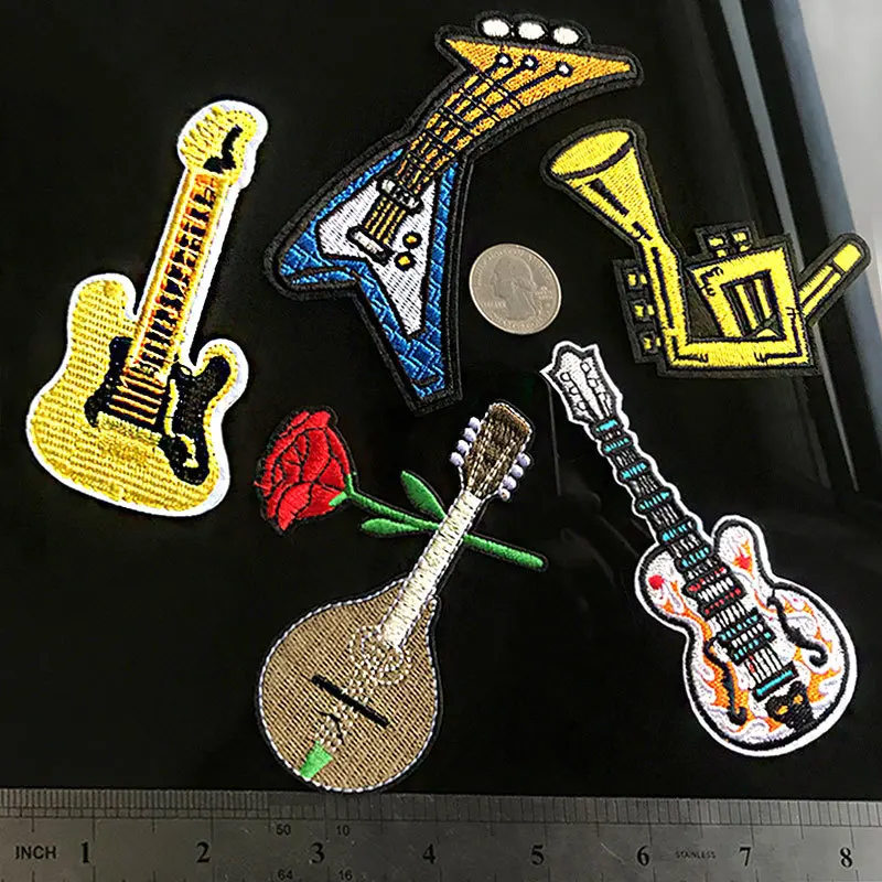 

50pcs/Lot Embroidery Patches Letters Clothing Decoration Accessories Saxophone Guitar Guzheng Diy Iron Heat Transfer Applique