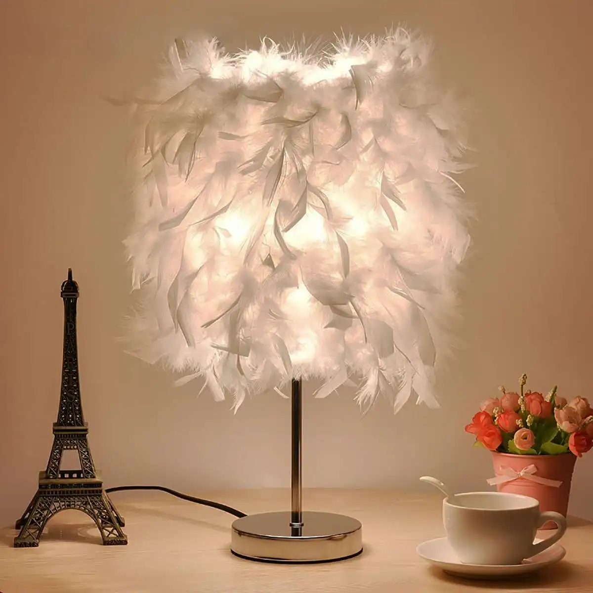 220 В настольные лампы с перьями металлическая прикроватная тумбочка винтажный