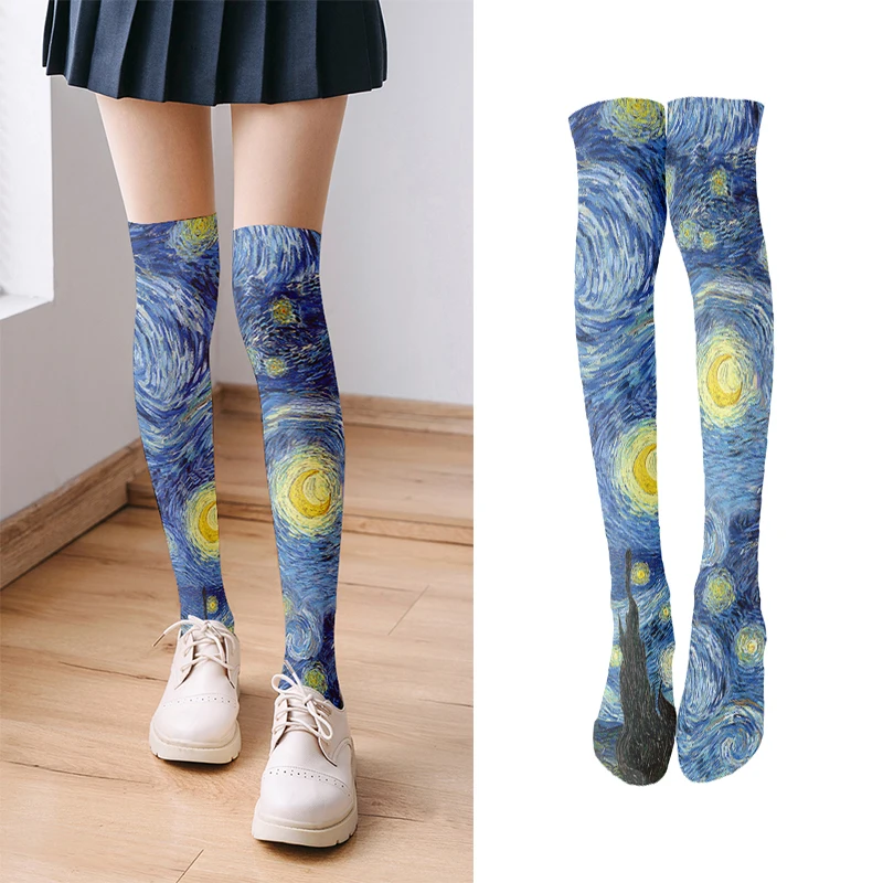 

Fashion Summer Women Thin Sexy Stockings Retro Art Oil Painting High Thigh Socks Classic Starry Night Over The Knee Stockings
