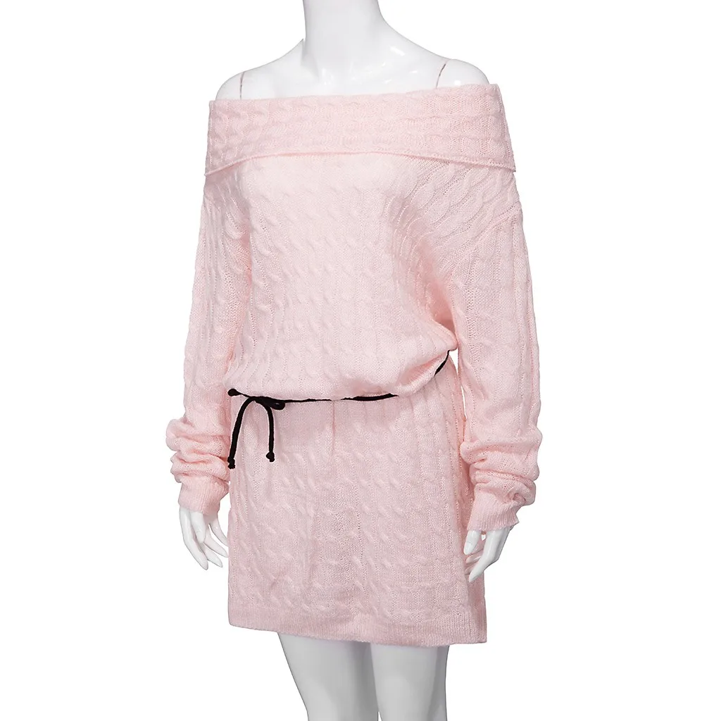 Зимнее платье женское вязаное теплое платье-свитер модное с открытыми плечами