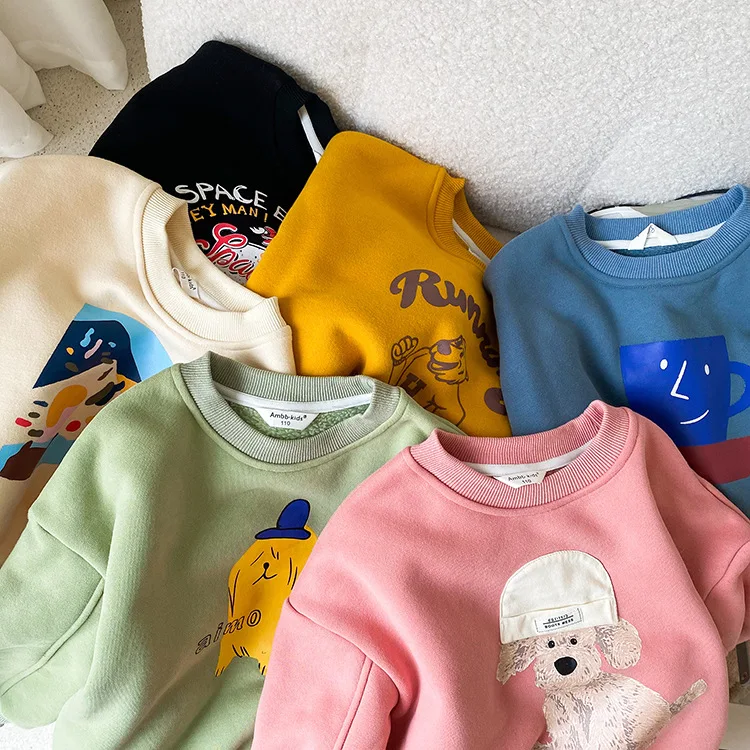 

Boys and Girls Baby Sweatshirt Shirt Long-Sleeved T-shirt Cartoon Cotton Hoodies Warm Velvet Shirt Children's T-shirt Sweater