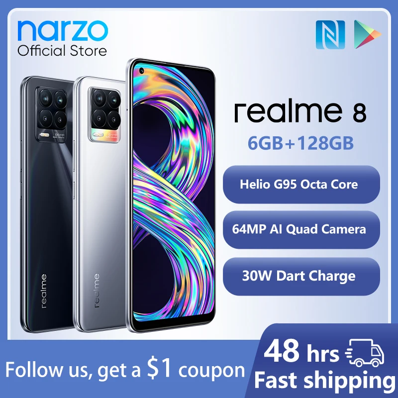 

In Stock realme 8 6GB RAM 128GB ROM 30W Charge Mobile Phone Helio G95 Octa Core Smartphone 6.44" AMOLED Display 64MP Quad Camera