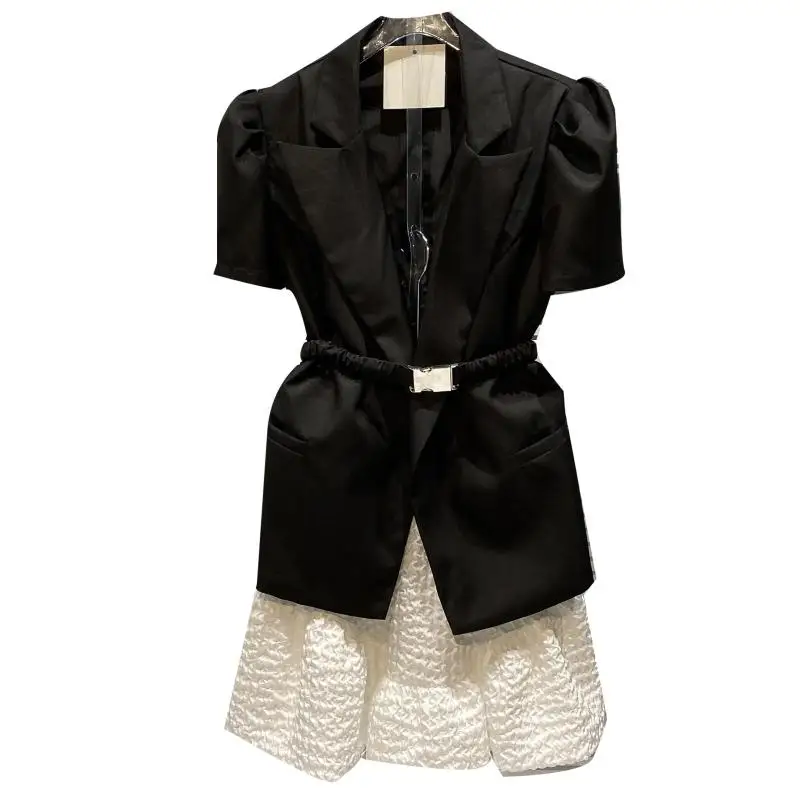 

2021 Summer Women Blazer Belt Waist Split Bubble Short Sleeve Suit Women's Coat