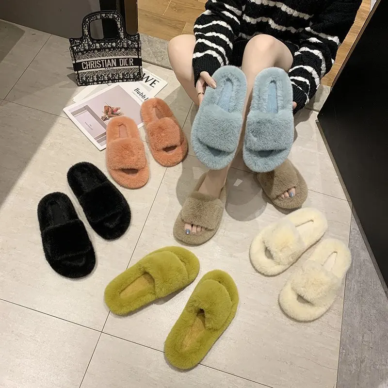 

Women Fluffy Winter Sandal Plush Open Toe Sandal Soft Flat Shoes Warm Faux Fur Slipper Home Female Shoes Non-slip Slides Warm