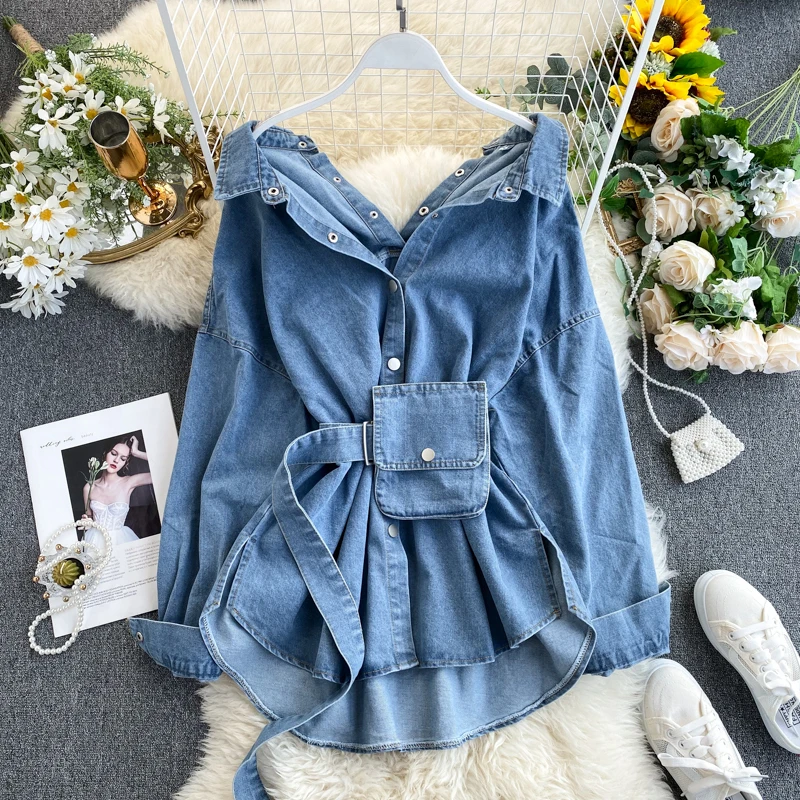 

FMFSSOM Spring Summer Women's Solid Denim Dress Female Pocket With Belt Slim Dress Ladies Single Breasted Vintage Dresses