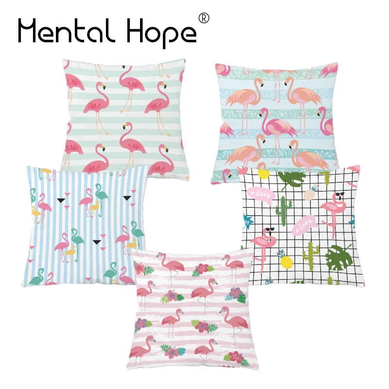 Pink Flamingo Printed Cushion Cover Plant Leaf Pattern Plush Decorative Throw Pillow Home Decor Square Pillowcase for Bed | Дом и сад