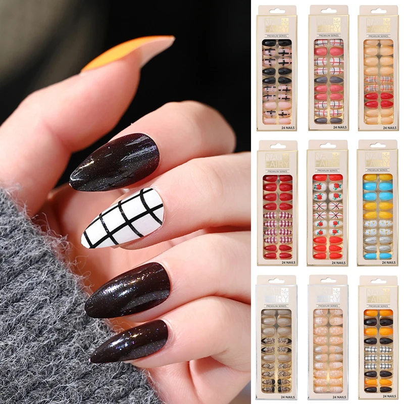 

24 Styles Colorful Painted False Nails Long Full Nail Tips Daisy Dot Plaid Decoration ABS Fake Nail Beauty Covers with Glue