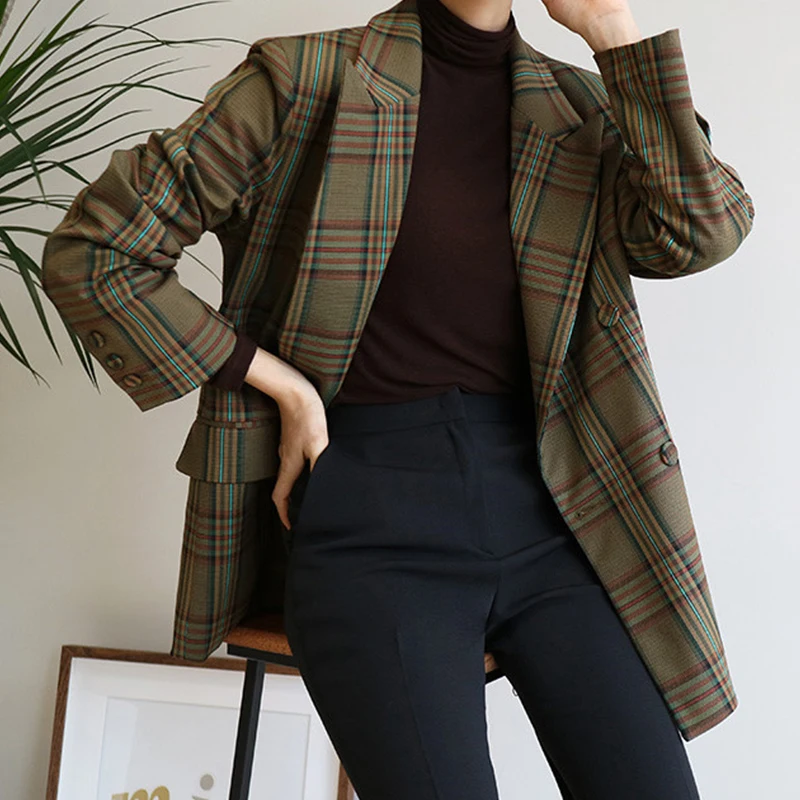 Женский винтажный двубортный блейзер в клетку куртка с карманами женское