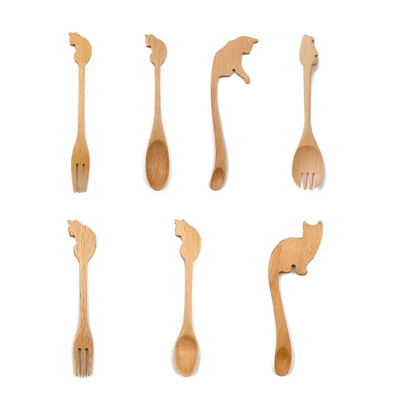 

Wooden Spoon Lovely Cat Shape Wood Spoon Kitchen Dining Bar Coffee Tea Spoon Tableware Supplies 1pcs
