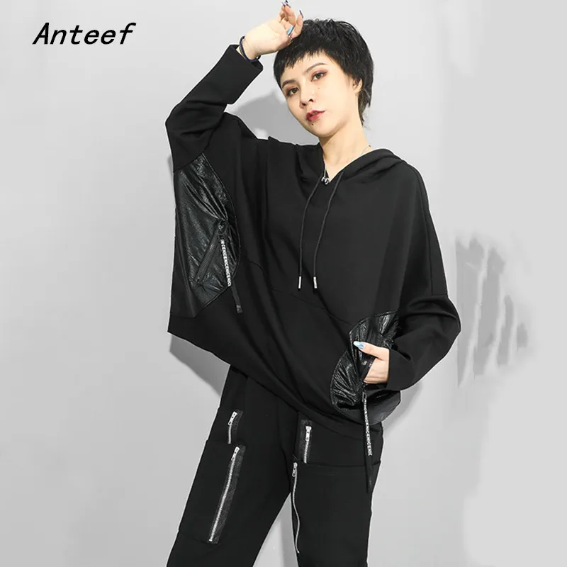 Черная хлопковая Повседневная Свободная Толстовка в стиле оверсайз Осень-зима