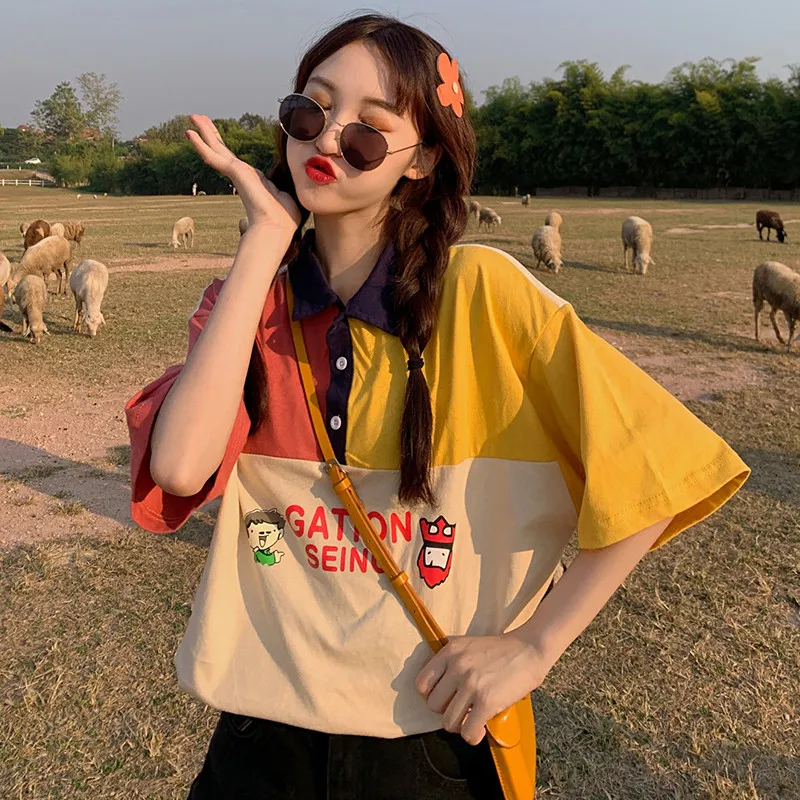 

Женская футболка с отложным воротником, свободная повседневная футболка в стиле преппи, в стиле Харадзюку, в стиле пэчворк, популярных цвет...