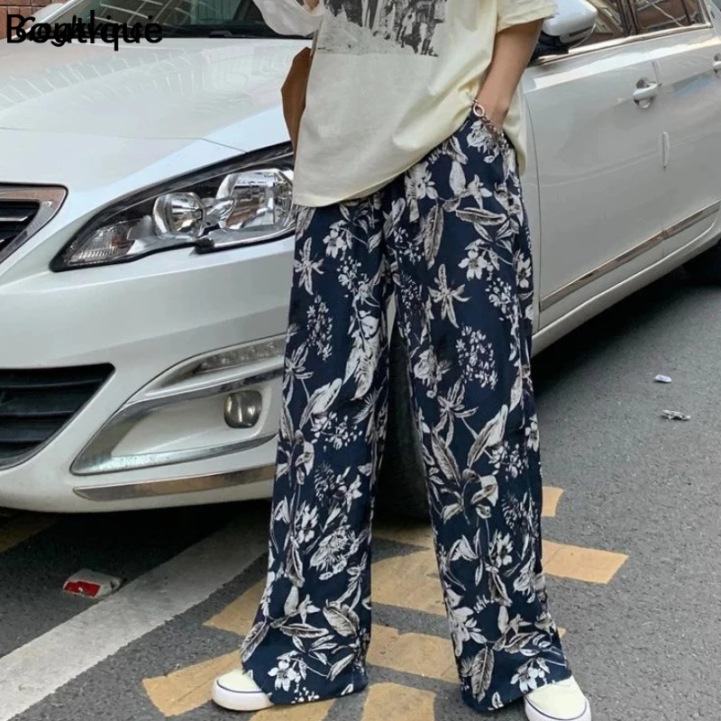 

Summer Pants Women Floral Printed Loose Casual Straight Elastic Waist Ladies Trousers Vintage Retro Streetwear All-match Teens