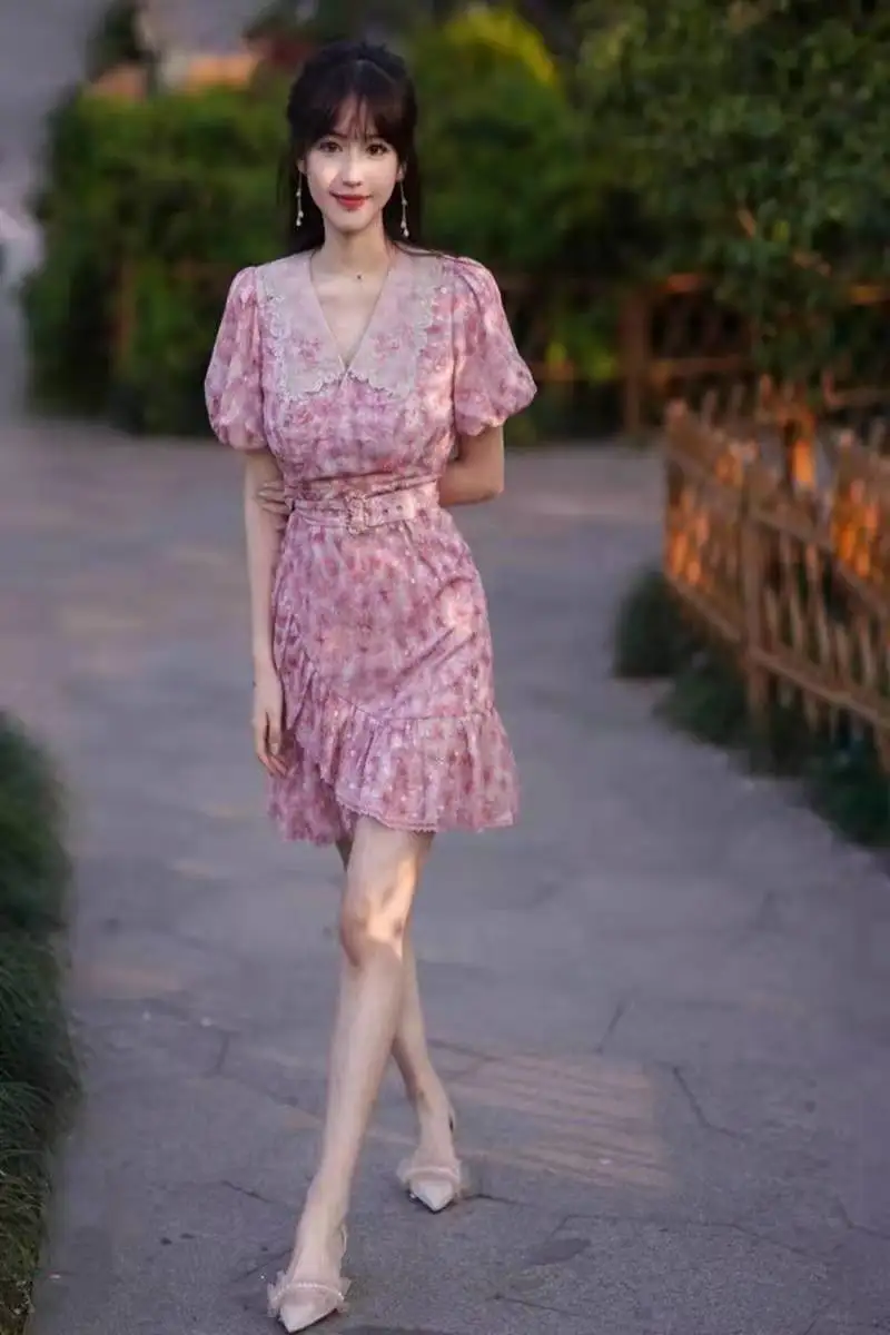 

Special counter same 2021 summer new collection waist pink cherry dress Ruffle bubble sleeve fishtail skirt