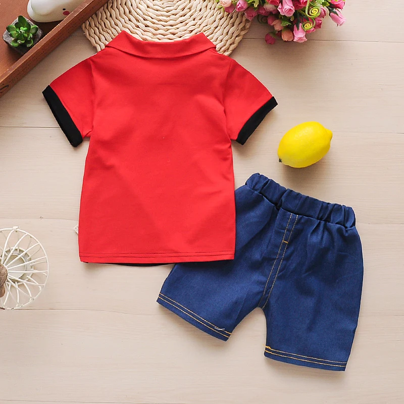 Boys school style clothing set summer children fashion cotton t-shirt+denim shorts 2pcs toddler outfits for kids clothes |