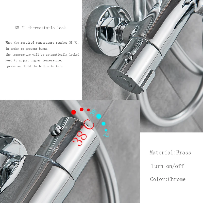 Хромированный настенный термостатический смеситель для душа горячей и холодной