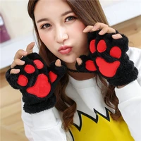 kpop women bear plush gloves cat paw claw winter cute kitten fingerless mittens warm gloves christmas halloween for womens girls