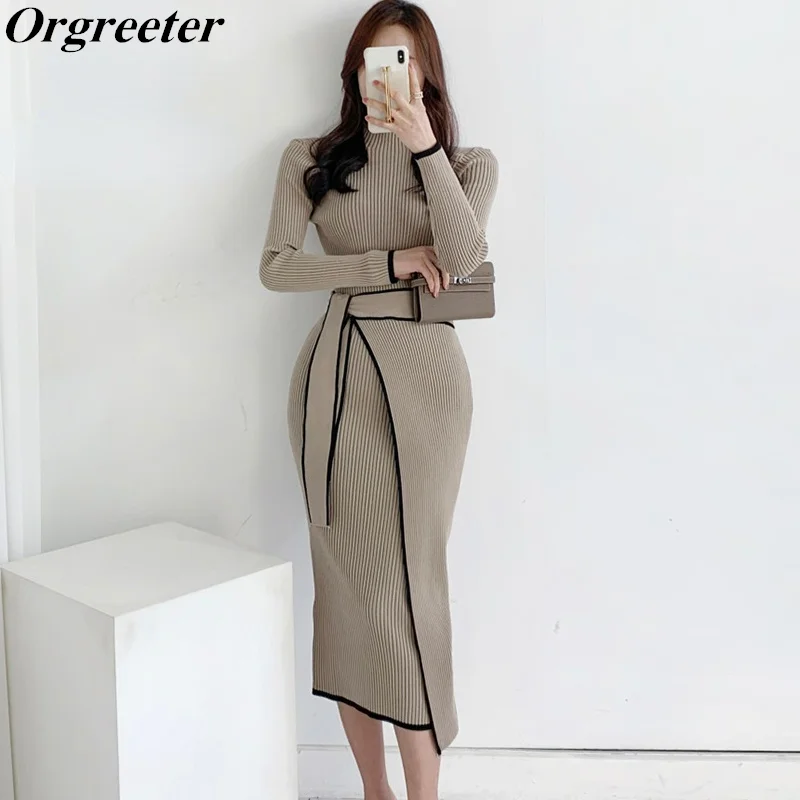 

Цельнокроеное вязаное облегающее платье для женщин, Осень-зима, новинка, корейская мода, облегающее платье-свитер средней длины на шнуровке...